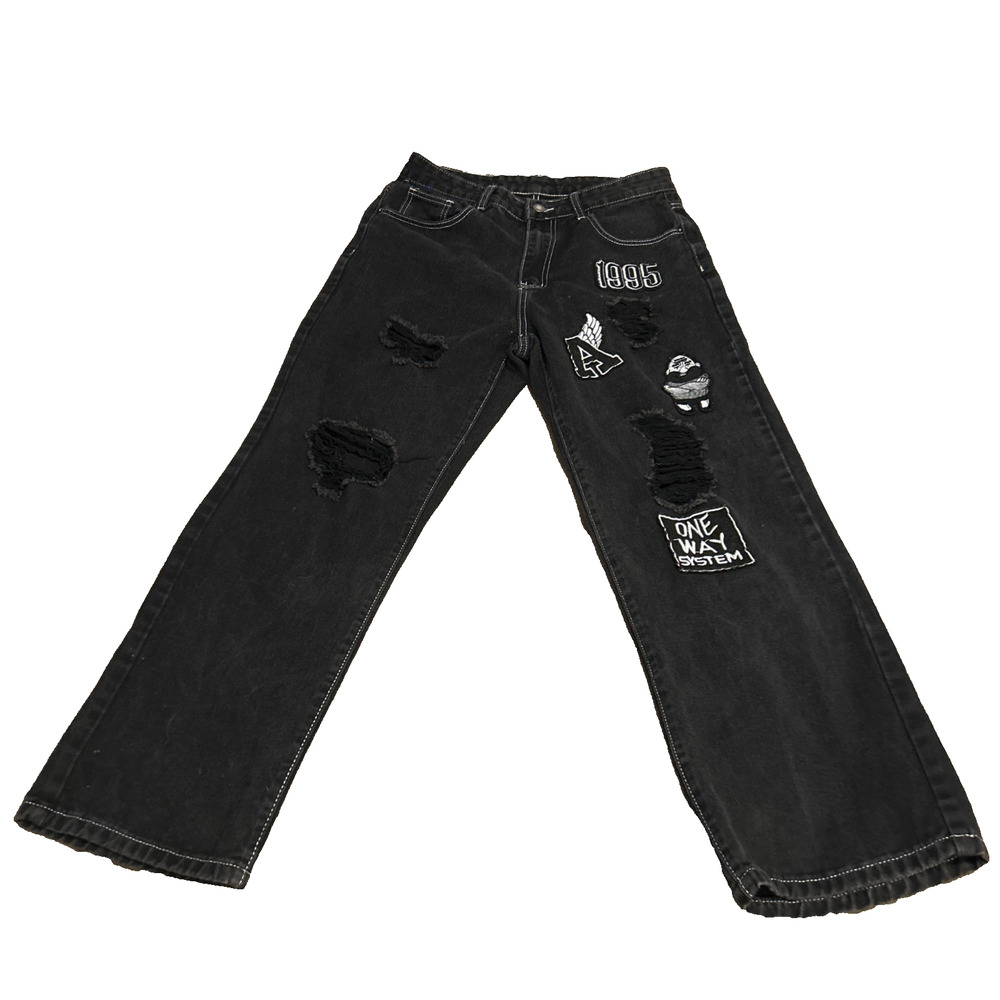Shein Distressed Black Denim Jeans Patches Ripped Graphic Original Denim Size M